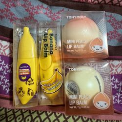 TONYMOLY Banana/Peach Lip Balm Brand New For Sale - Magic Food Banana Lip Balm with Key Chain - Mini Peach Lip Balm 8$ per each 
