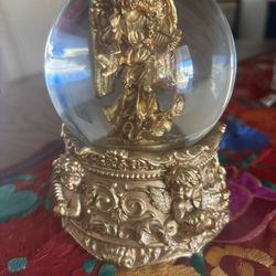 Vintage Gold-Colored Musical Snow Globe Featuring An Angel Playing A Lyre