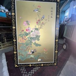 Vintage Asian Art Wall Hanging Of Birds &Flowers
