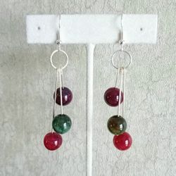Pink green watermelon agate beaded drop dangle earrings new handmade 