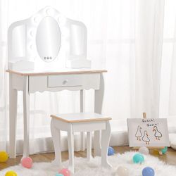 Kids Vanity Desk with Lighted Mirror, Table & Stool, Drawer & Storage, 3-9 Yrs Old