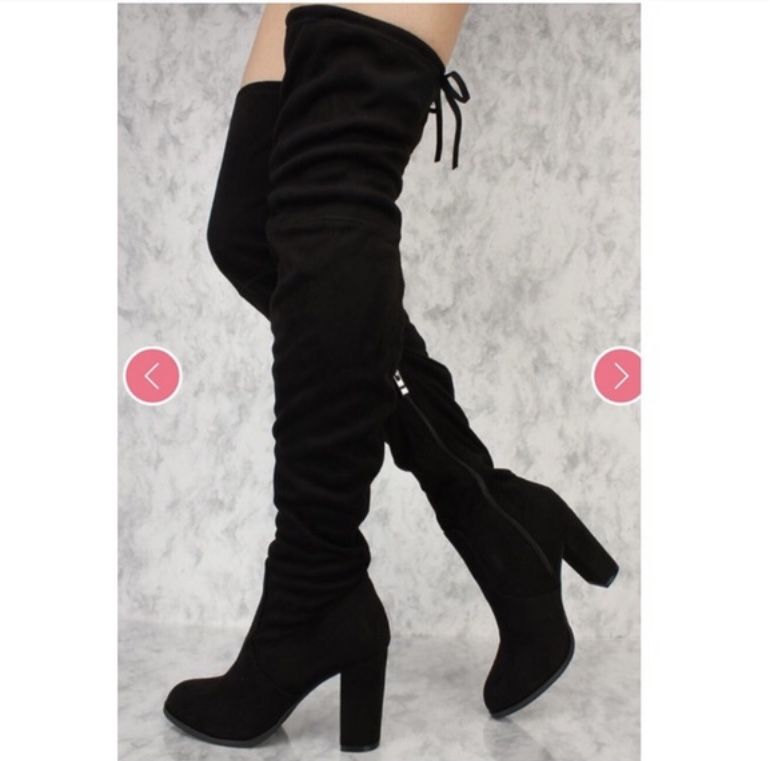 Black Heels Boots Thigh High Tie Back Size 10