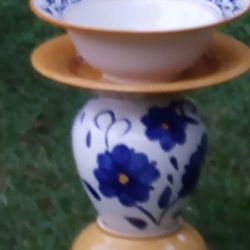 Beautiful Blue And Gold Ceramic Birdbath 🐦🌺🌷🌻🌞Buy 2 Or 3 Get Free Solar Fountain