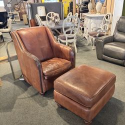 Thomasville Dark Leather Chair & Ottoman W/ Nailhead Accents - SKU: QDHDRY