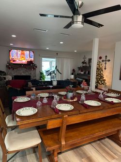 Dining table with bench seats and leaf