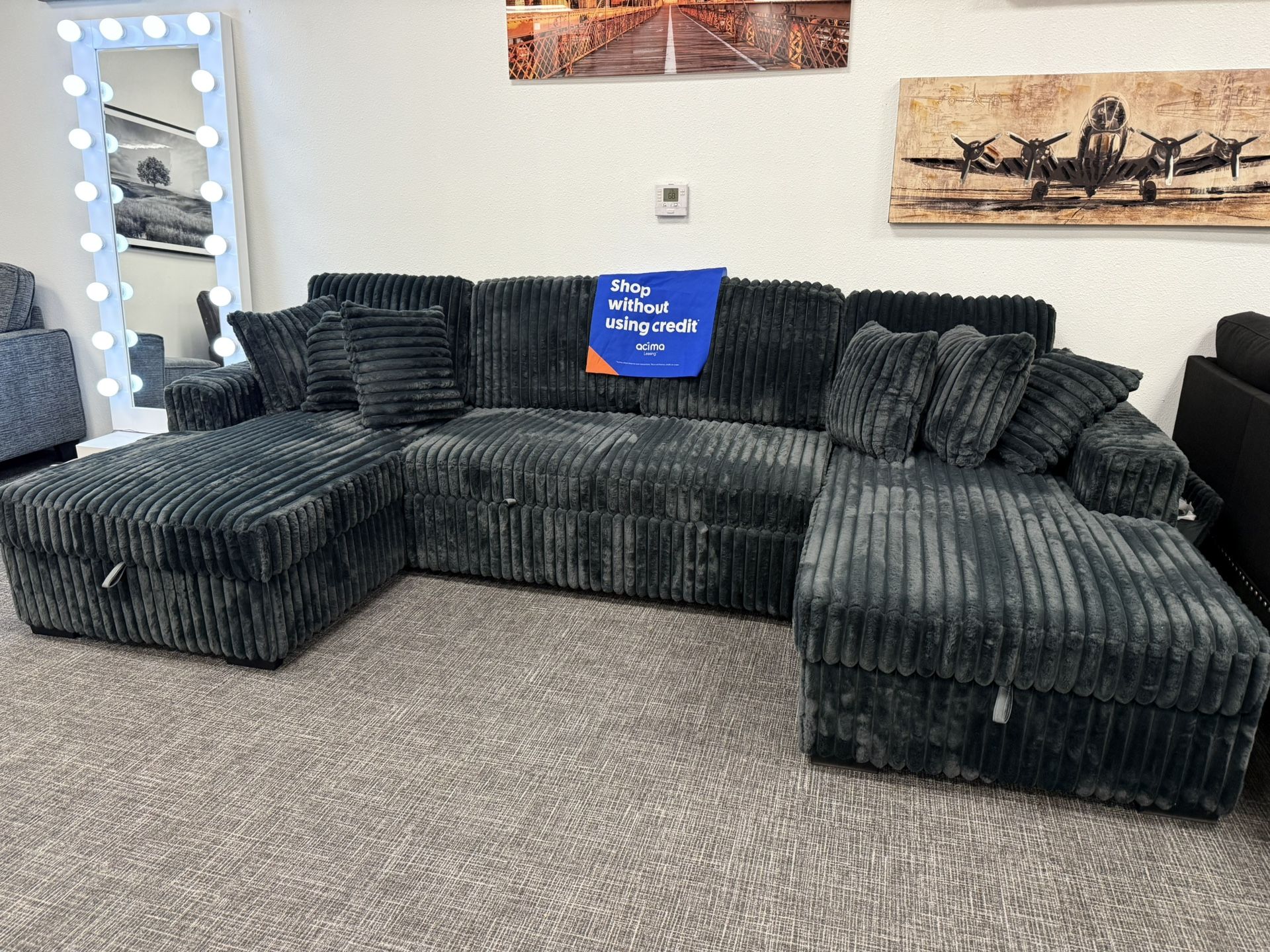 Dark Gray Sofa Sectional Pullout + Storage Chaise Lounge Set - Free Delivery Promo