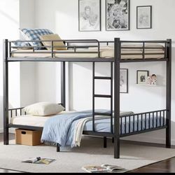 Queen Over Queen Bunk Bed for Adults & Teens, Heavy Duty Metal Bunk Bed with EVA Anti-Slip Ladder & Full-Length Guardrai