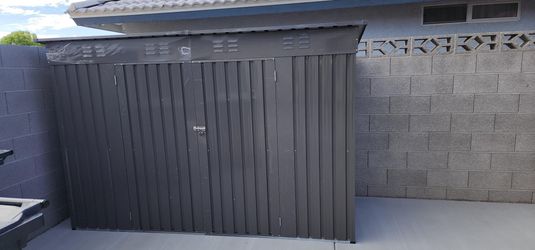 4 x 9 FT Outdoor Storage Shed, Metal Garden Shed Tool House with Sloping Roof,6 vents and 2 Swing Doors for Backyard, Garden,Patio, Garage, Lawn, Gray