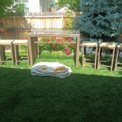 Outdoor Patio Furniture Wicker Set w Table 57" X 32" X 29" Tall Glass Top 6 Chairs w Cushions and Cover