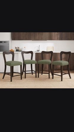 Set of 4 Counter Height Bar Stools /
Green Fabric Seat / Dark Wood Frame