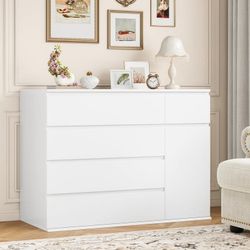 5 Drawer White Dresser with Door, Modern Accent Storage Cabinet Chests of Drawers for Bedroom Living Room