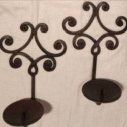 Set Of 2  Vintage Wall Mount Ornamental Iron Metal Pillar Candle Holder Sconces