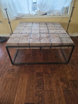 Rustic Wood Block and Iron Coffee Table