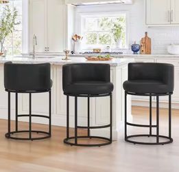Set Of 3 26 in. Black Modern Faux Leather Low Back Swivel Barstools Metal Frame Counter Height Bar Stools