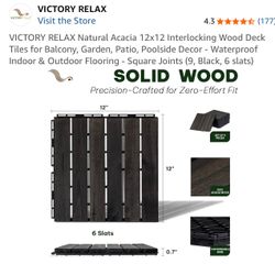 Brand New Victory Relax Acacia Wood Interlocking Deck Tiles Set of 9