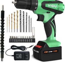 YIOU 20V MAX Cordless Drill, 18+1 Clutch, 2-Speed, 3/8" Chuck, 23PCS Drill Set, Battery Charger, Green, Home DIY Projects