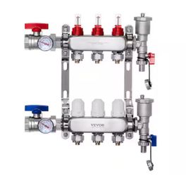 3-Branch Radiant Heat Manifold, 1/2 in. PEX Tubing Manifold, Stainless Steel PEX Manifold, Radiant Heat PEX Manifold Kit