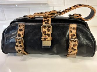 Cynthia Rowley Black Genuine Leather Satchel Doctor Bag Leopard Hair Calf Hair Trim Purse