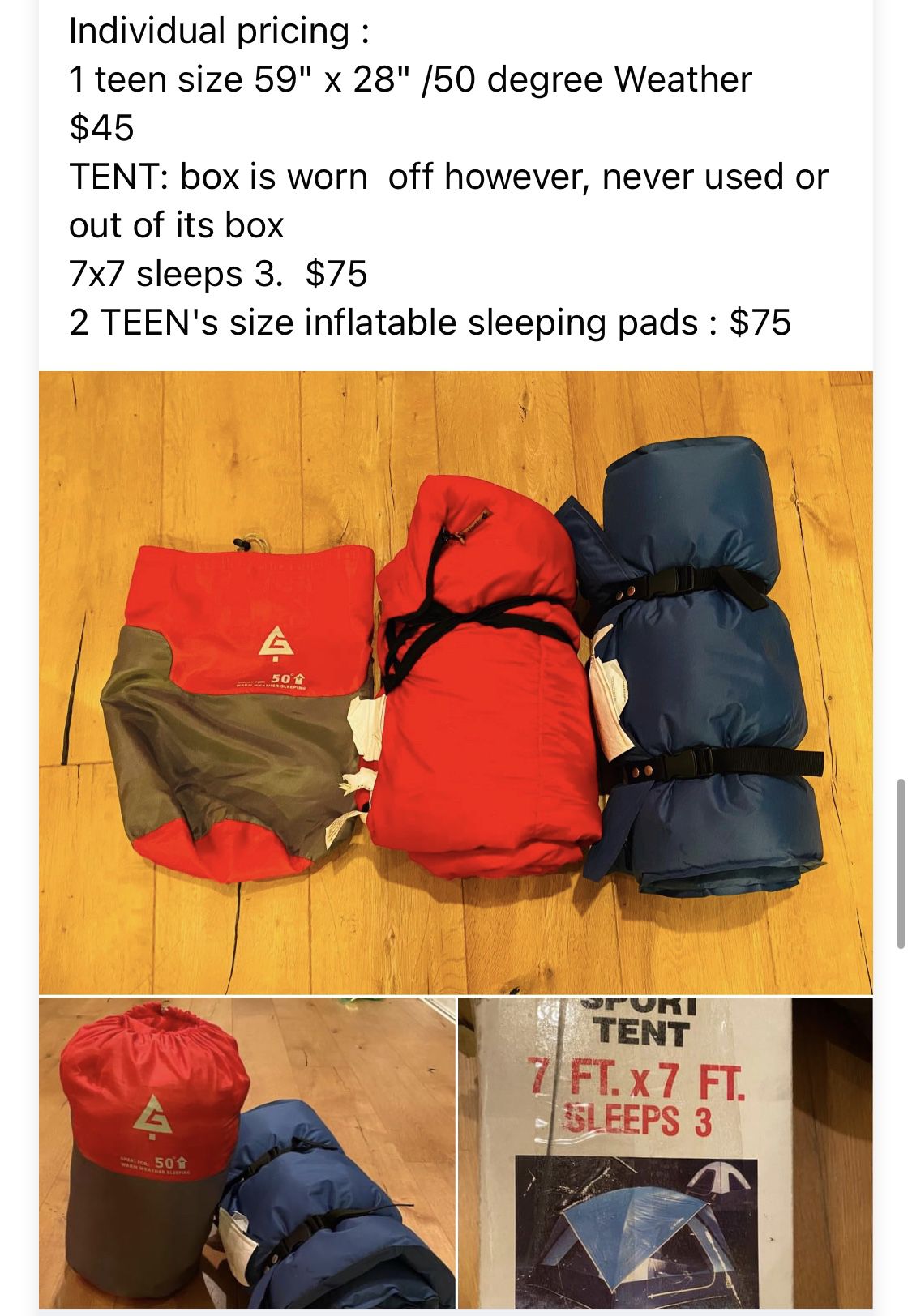 Teen's CAMPING STUFF:  1 sleeping bag, 7x7 tent, 2 inflatable mattresses sleeping pads Pick Up Palm  Beach Gardens
