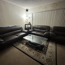 Dark Brown Faux Leather Sofa Set – 3-Piece (Armchair + 2 Sofas)