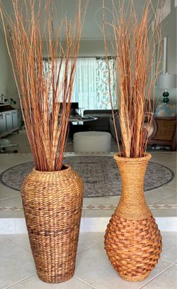 2 Pc Woven Rattan Wicker Decorative Floor Vases