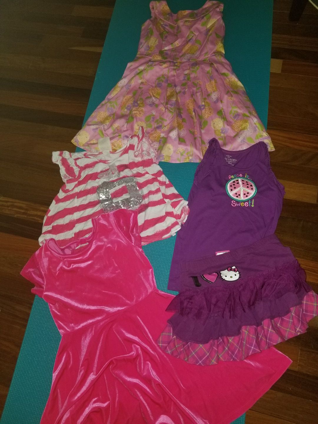 for girls size 7 / 8, 2 dresses, 2 shirts, 1 skirt, only $5!