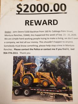 STOLEN 1994 John Deere 510D Backhoe (REWARD)