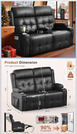 Black Leather RV Power Recliner Loveseat Sofa