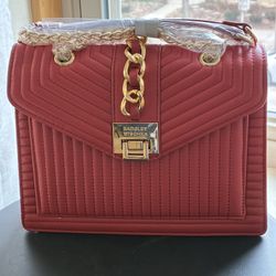 Red Badgley Mischka Crossbody Purse with Gold Chain Hardware 