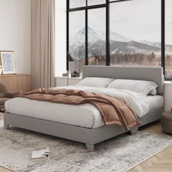 Full Bed Frame - Gray Fabric - NEW
