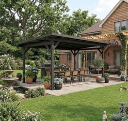 Famapy 17×10 ft Outdoor Spruce Wood Gazebo with PVC Roof Tiles Weather Resistant Finish Heavy Duty Metal Base...