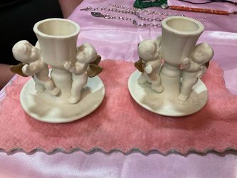 Cherub Angel Ceramic Candle Holders Pair