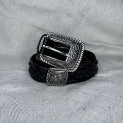 Vintage Concho Western Women’s Black Braided Leather Silver Tone Buckle Belt Sz Small