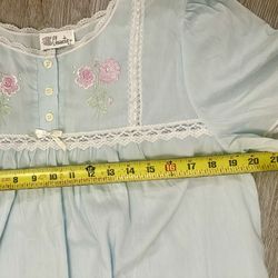 Vintage Character Lightweight Embroidered Nightgown Medium. Powder Baby Blue. Embroirdered Rose. Lace Trim. Satin bow. 3 Button chest, pullover. Pleat