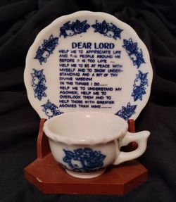 Vintage Florida souvenir mini tea cup saucer with stand, Lord's prayer