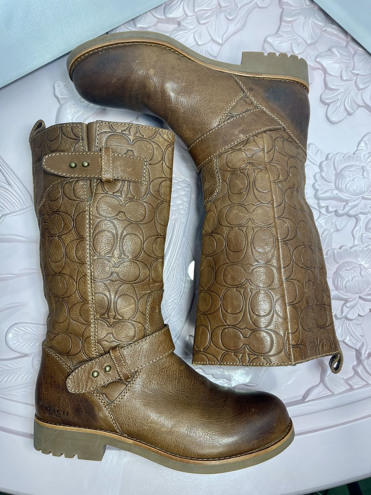 COACH “VIRGINIA” Iconic Logo Brown Leather Embossed Monogram