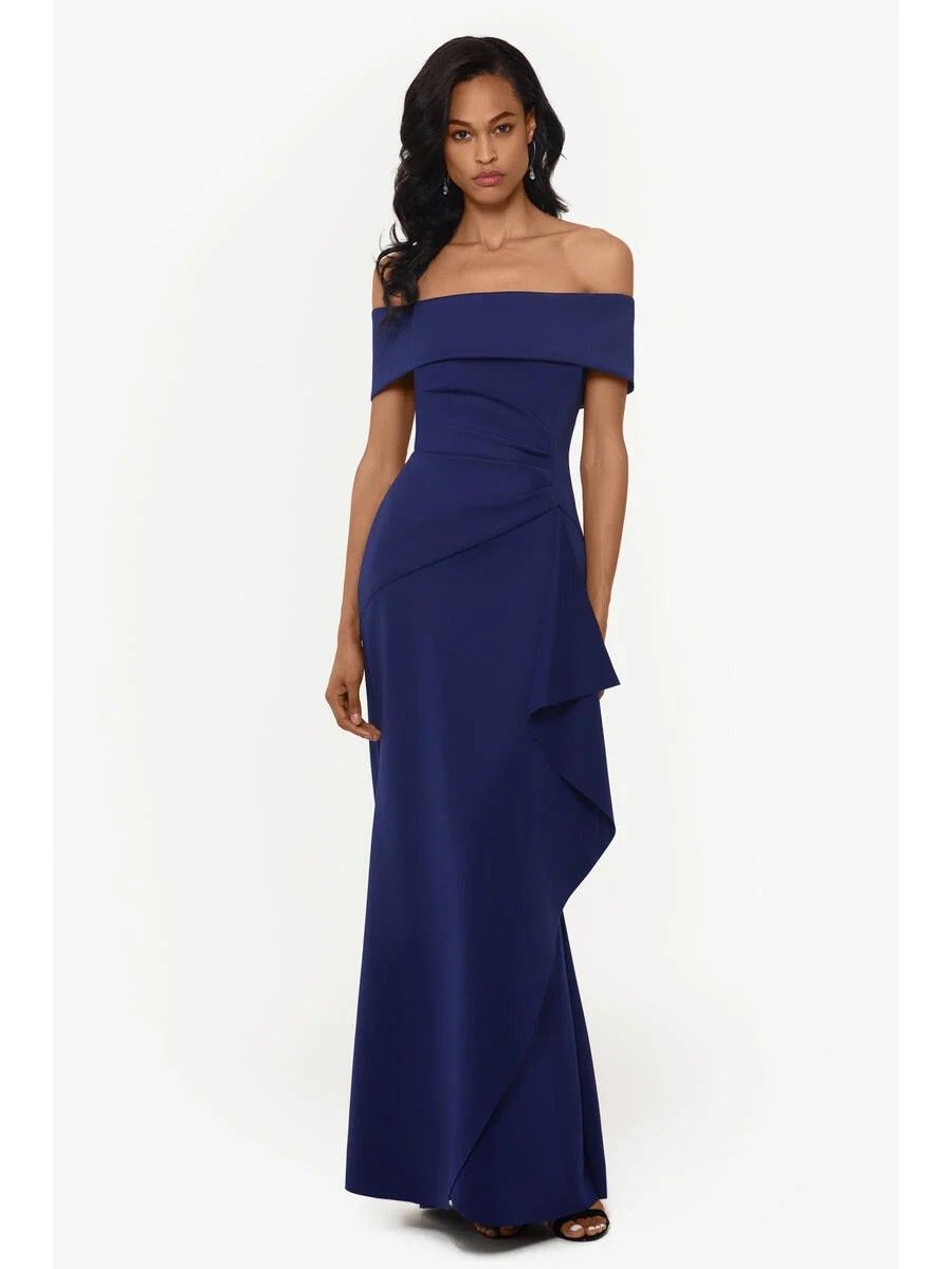 XSCAPE Womens Navy Blue Ruffled Rouched Off Shoulder Full Length