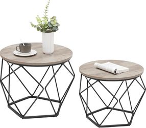 Set of 2 Round Side Tables with Geometric Metal Base