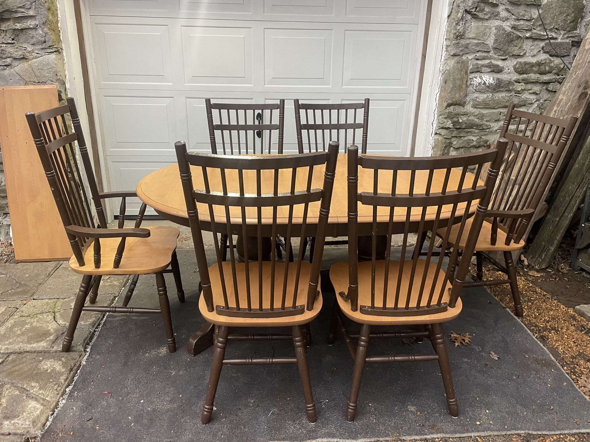 Wood dining set table and six chairs made in Canada