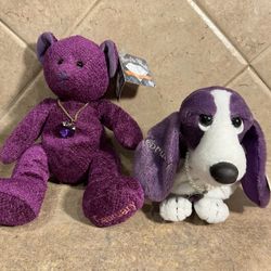 February Beanie Baby & Applause Hush Puppies w/Birthstone Necklaces Amethyst 