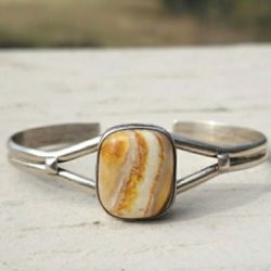 Vintage Sterling Silver Signed Native American Orange Stone Cuff Bracelet