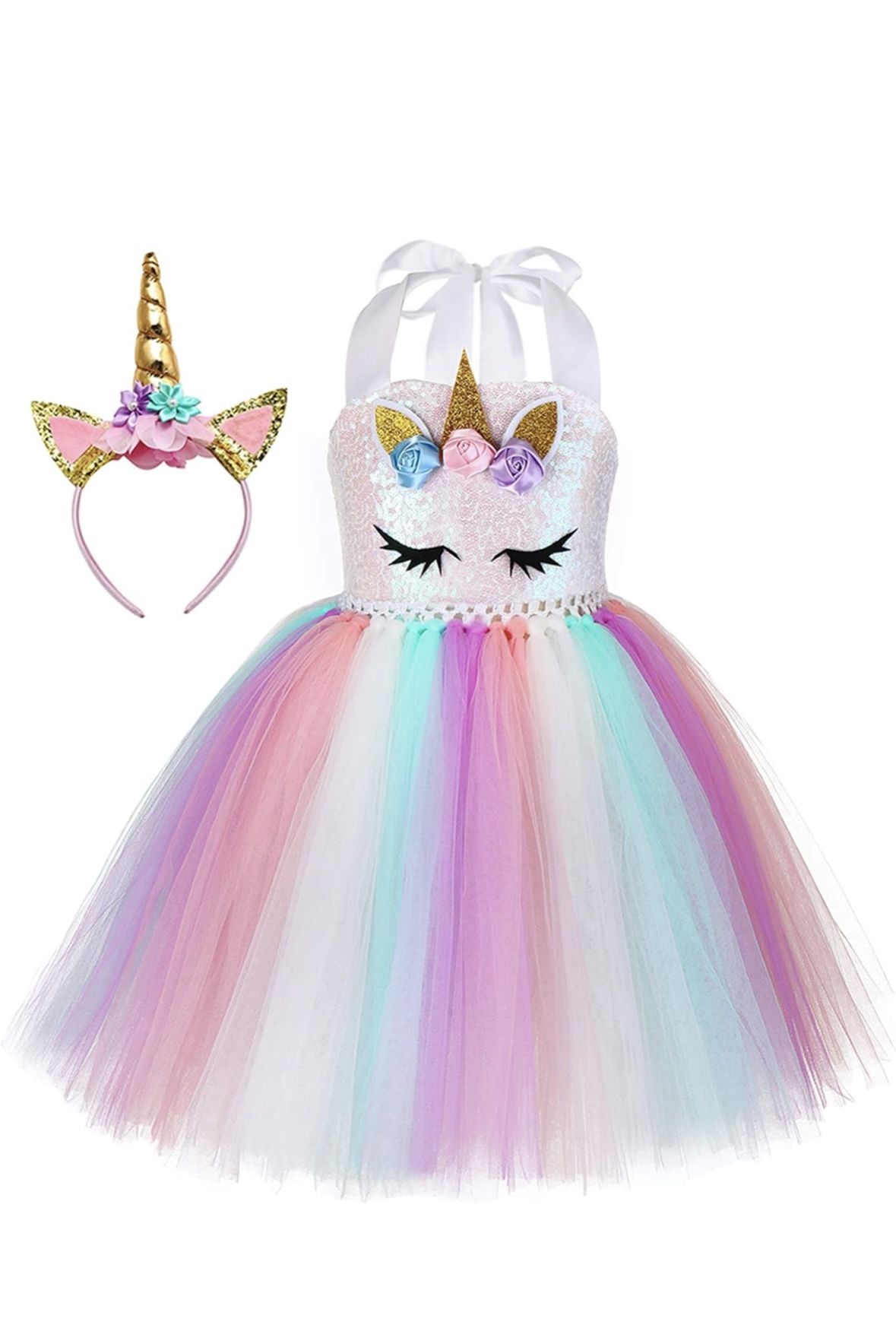 Unicorn Halloween Dress With Headband For 4-6 Years Girl