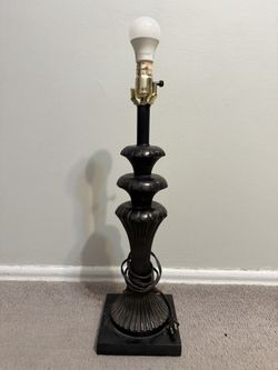 Vintage Carved Red Wood Table Lamp with Black Shade – 30” Tall Classic Mid-Centu