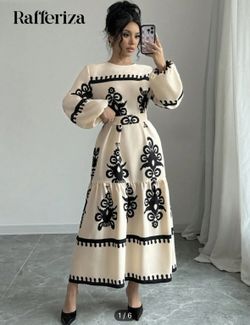 Crew Neck Lantern Sleeve Printed Belted Dress In Beige Color, Elegant Fall Maxi Women Outfit