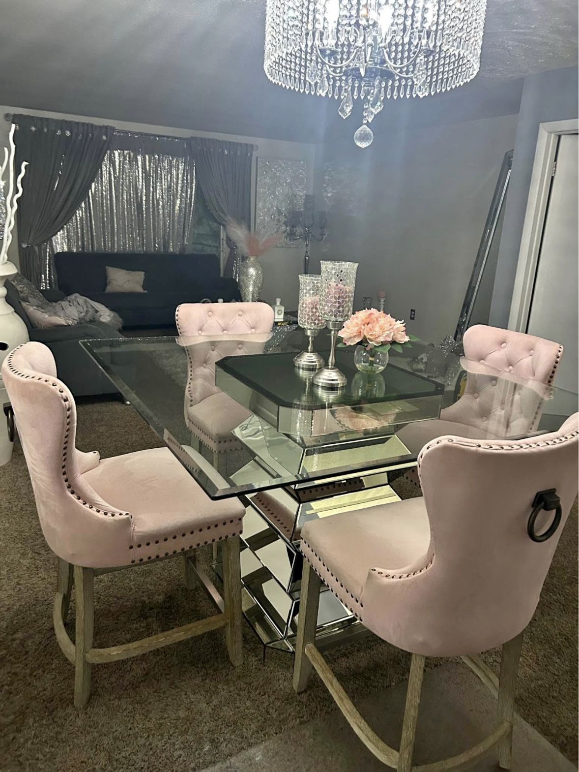 1. Luxury Glass Dining Table Set w/ Pink Velvet Chairs (5-Piece)  