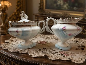 Antique RS Prussia Porcelain Sugar Bowl & Creamer Set with Lid – Hand Painted Floral Gold Trim