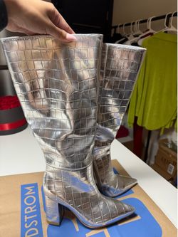 Silver Croc Embossed Knee High Boots – Size 7