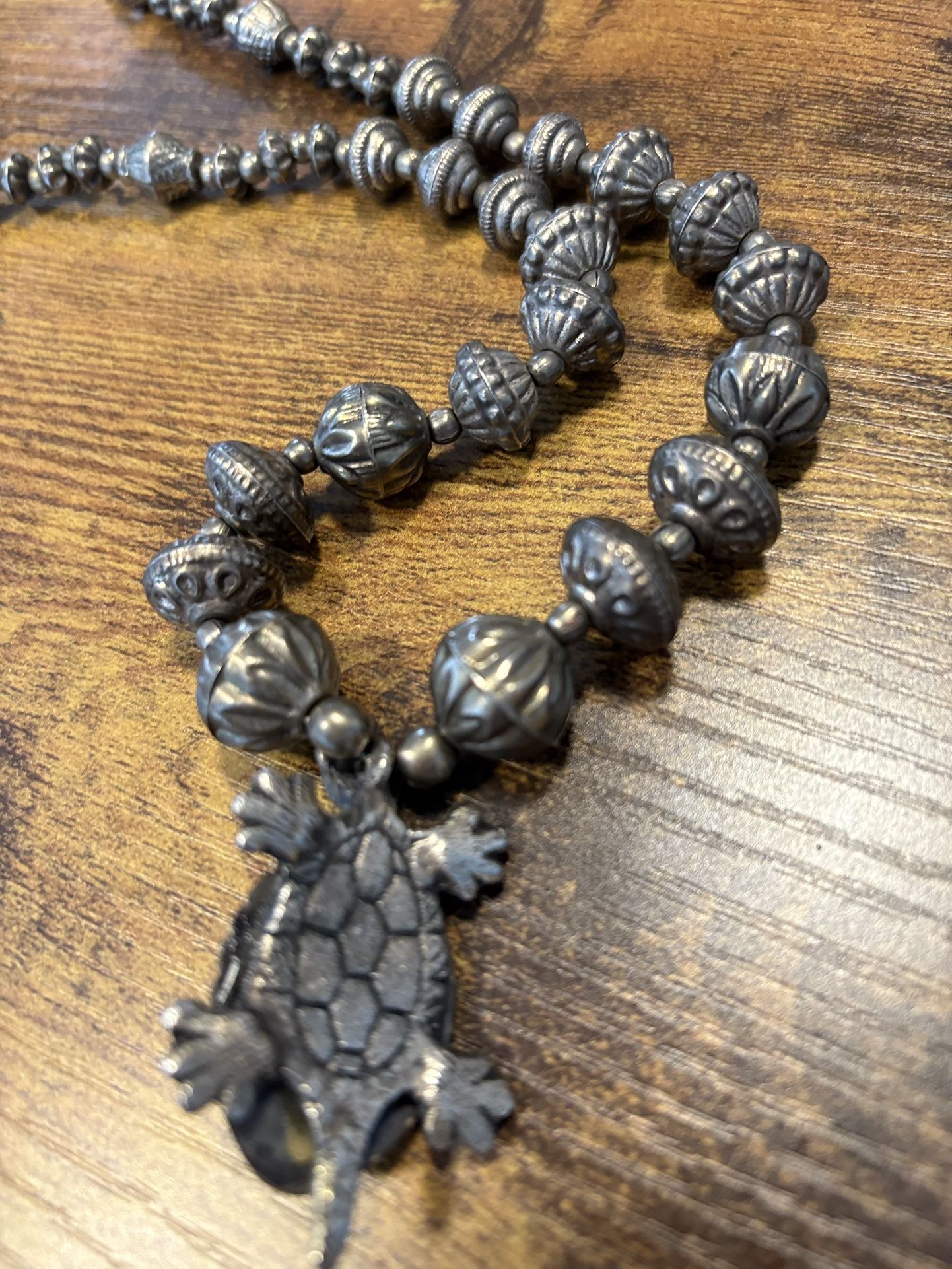Indian Silver Beaded Necklace With Turtle Pendant. Made In India Stamped 