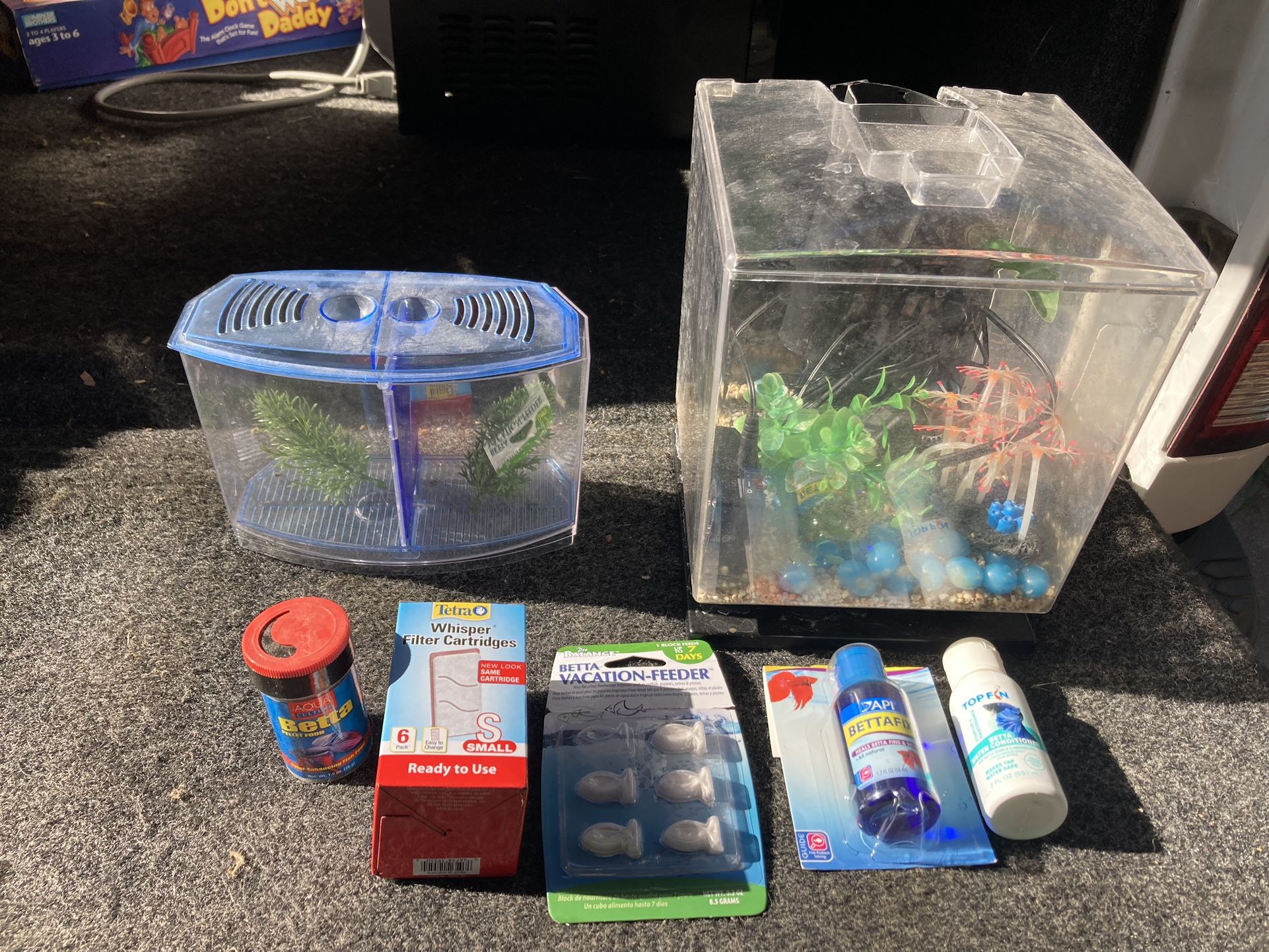 Two Beta Fish Tanks And Accessories 