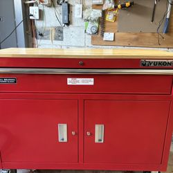 YUKON 46 in. Mobile Workbench with Solid Wood Top, Red